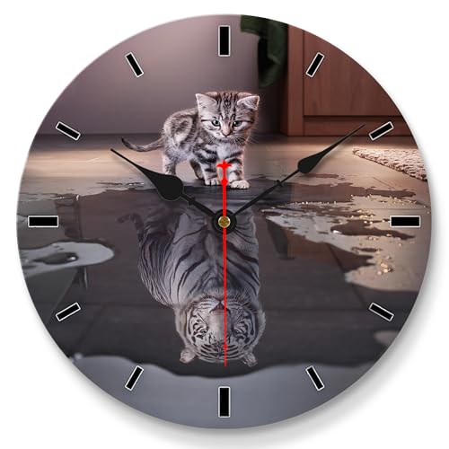 VIKMARI 8 Inch Quartz Movement Silent Non-Ticking Wooden Wall Clocks Cat and Tiger Pattern Round Clock for Kitchen Study Office School Bathroom Living Room Decorations