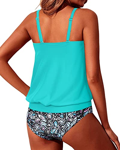 Image of Yonique Women Vintage Chevron 2 Piece Ruched Padded Tankini Set Flyaway Top With Triangle Brief Bottom Bathing Suit
