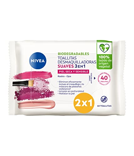 NIVEA Toallitas Desmaquilladoras Suaves (1 x 40 ud), toallitas desmaquillantes para piel seca y sensible, toallitas húmedas para rostro, ojos, labios y cuello