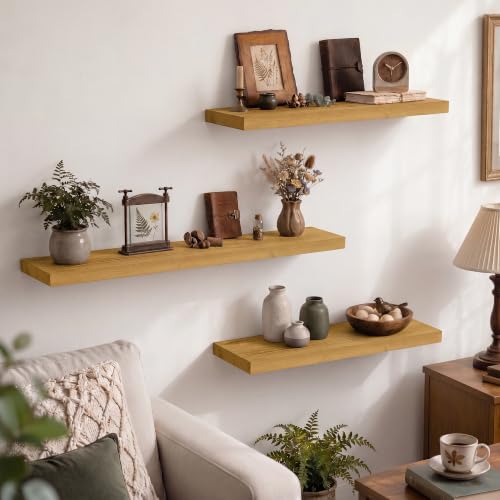 Image of Solid Wood Floating Shelves for Wall 20 inch,Natural Wooden Shelf Set of 2 | Rustic Wood Wall Floating Shelf with Invisible Brackets,Floating Wooden Shelves for Living Room,Bathroom,Bedroom,Kitchen
