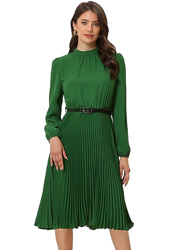 Allegra K Women's Pleated Midi Dresses Business Belted Long Sleeve Work  Dress X-Small Green at Amazon Women's Clothing store