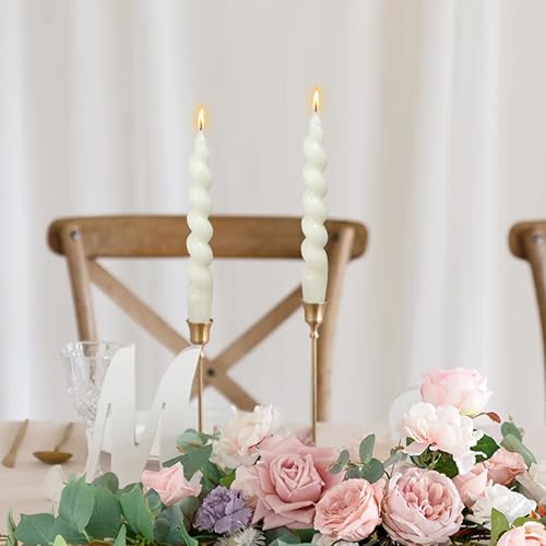 Image of Spiral Taper Candle Milk White Unscented Twisted Candlesticks 7.5 Inch Smokeless Short Candle Stick for Wedding Dinner Decor Creative Gift 2PCS
