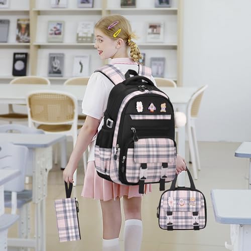 FIXITOK mochila para meninas com lancheira e estojo de lápis, Preto, Clássico