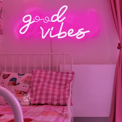 Image of Large Pink Neon Good Vibes Signs LED Dimmable USB Powered Cood Vibes Banner Decorative Night Lights Neon Lamps for Bedroom Living Room Apartment Bar Wedding Party Wall Background Decor Art, 16.5x8IN