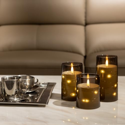 Image of Flickering Flameless Candles with Timer - Durable Acrylic Glass Shell, with Embedded Star String, Battery Operated Candles with Remote for Romantic Ambiance and Home Decoration (Set of 3, Grey)