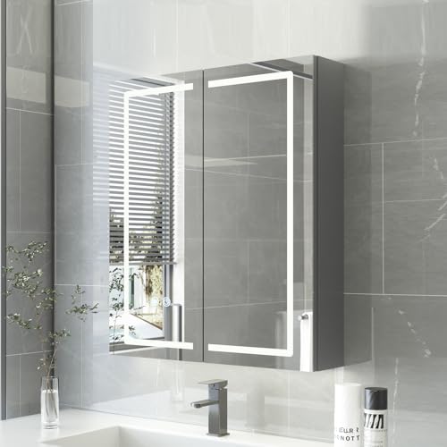 HySail Spiegelschrank Bad mit Beleuchtung, Dimmbare Helligkeit & 3 Farbtemperaturen, 60x70x14cm Badezimmer Spiegelschrank mit Touch-Schalter, Anti-Beschlag & Steckdose, Komplett Vormontiert