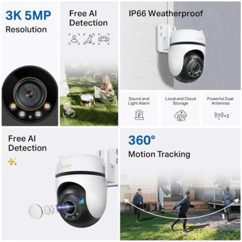 TP-Link Tapo 3K 5MP Pan/Tilt Outdoor Wired Security Wi-Fi Camera, 360° Visual Coverage, Starlight Full-Color Night Vision Up to 98ft, Person/Pet/Venicle Detection,Physical Privacy Mode (Tapo C530WS) - 2