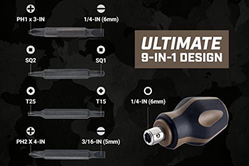 Image of Spec Ops Tools Multi-Bit Screwdriver for Tool Belt, Tool Box, Magnetized Double-Sided Bits and Cr-Mo Steel Shaft, Stubby, 9-in-1
