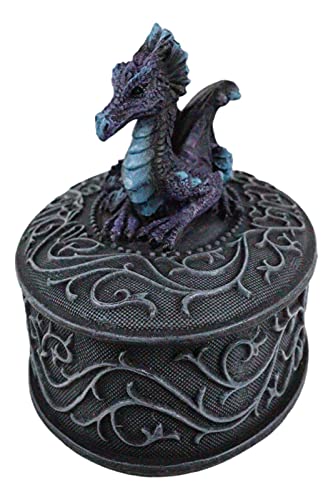 Ebros Medieval Fantasy Hatchling Twilight Blue Dragon In Repose Decorative Oval Trinket Box Figurine With Vines Scrollwork Dungeons And Dragons Jewelry Stash Statue #TOP3