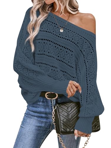 Image of Cakulo Womens Off Shoulder Sweater Top Fall Outfits Fashion 2025 Oversized Knit Batwing Long Sleeve Crochet Pullover Sweaters