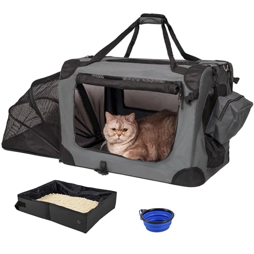 Prutapet Expandable Large Cat Carrier for 2 Cats Big Cat 20lbs+ Soft Sided Portable Crate 24x16.5x16.5 for Car Traveling Long Trips Ride with Collapsible Bowl and Litter Box