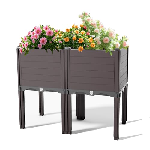 INSECT GENERAL Square Raised Garden Bed Kit Plastic Planter Growing Box for Vegetables, Herbs, Flowers & Succulents in Balcony, Patio or Yard, Enjoy Your Farming Life, (Brown)