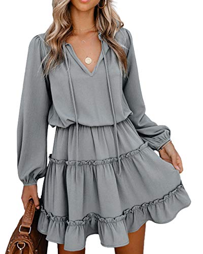 Allimy Women Long Sleeve Fall Spring Dresses Casual Loose Chiffon Ruffle Dress Grey XL