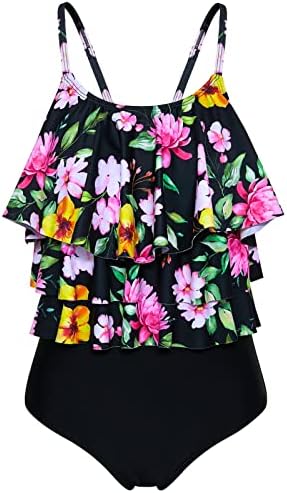 Girls Swimsuit One Piece Bathing Suit Tiered Flounce Swimsuits Kids Floral Swimwear, Black, 11-12 Years