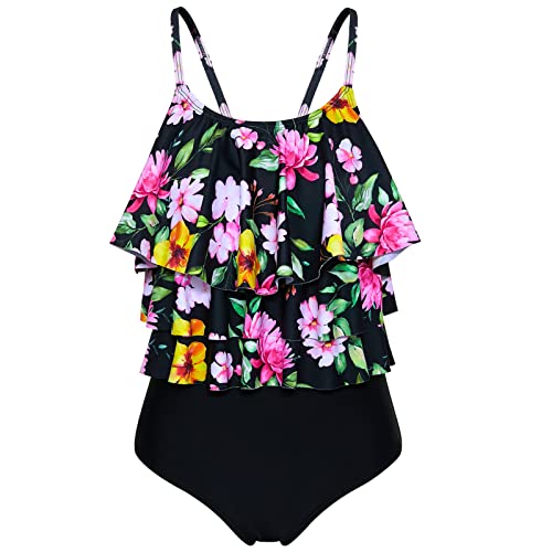 Girls Swimsuit One Piece Bathing Suit Tiered Flounce Swimsuits Kids Floral Swimwear, Black, 11-12 Years #TOP21