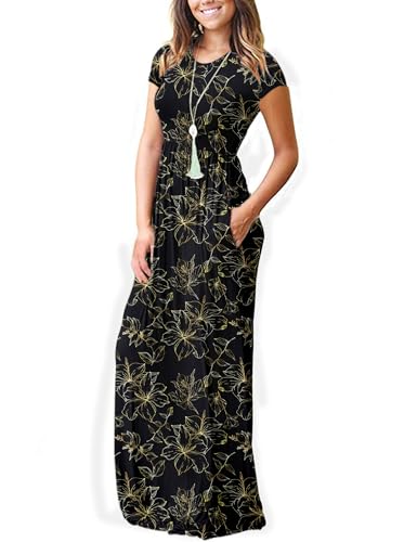 Image of MISFAY Women's Short Sleeve Maxi Dresses Long Casual Dresses with Pockets | Empire Elastic Waist, Crew Neck, Floor Length, Strentchy Flowy A Line Fit, Loose Plain Summer Outfits, Vacation Wear