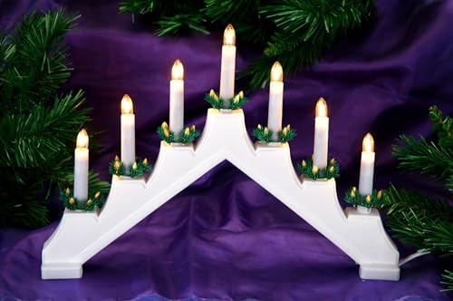 Kerzenbrücke Schwibbogen Lichterbogen mit 7 Kerzen Lampen 30 cm weiß