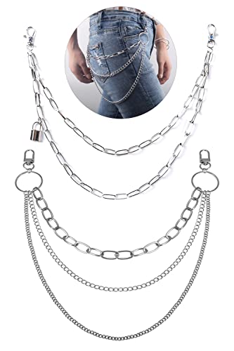 JKJF Punk Jeans Cadenas Hip Hop Pantalones Cadenas Multi Capa Bolsillo Cadenas Con Bloqueo Para Mujeres Hombres Niñas Niños Unisex - 2 Piezas Estilo Plata 2 Cover