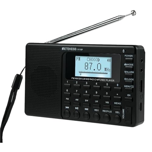 Retekess V115P Portable Shortwave Radio,Rechargeable AM FM SW WB Radio,Wireless Connection,1800mAh Battery,Digital Tuner,TF/AUX,Recording,Flashlight,Sleep Timer,Alarm Clock,for Emergency,Camping