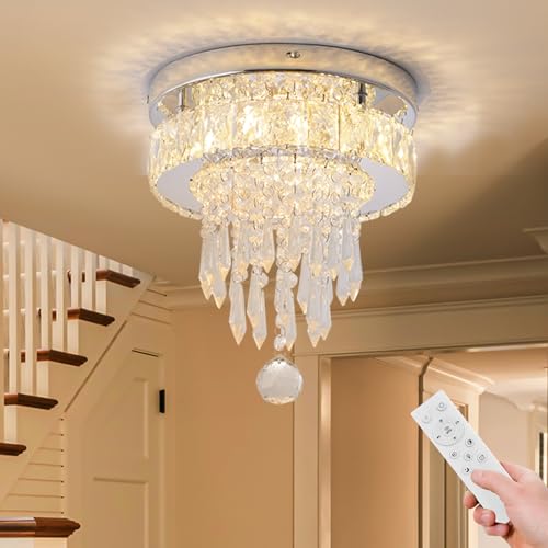LEONTYNE Dimmable LED Crystal Ceiling Light Fixtures 9.8 inch Stainless Steel Flush Mount Ceiling Lamp with Remote Control Modern Chandelier for Bedrooms Dining Room Hallway