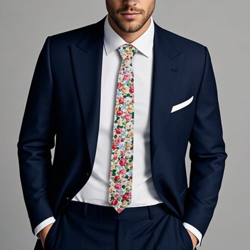 Image of Cotton Floral Ties for Men 2.76 inch Men's Skinny Tie Linen Flower Printed Neck Tie for Wedding Dating Party