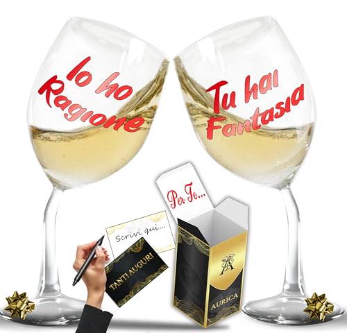 Aurìca Set 2 Calici Vino Personalizzati IO HO RAGIONE… – Calici Perfetti Per Lei E Lui Per Un Brindisi Romantico E Allegro – Bicchiere Piegato Con Confezione Regalo Inclusa