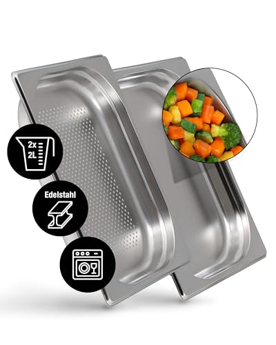 jokobela Lot de 2 Boîte Gastronorm en Acier Inoxydable lavables en Machine, Plats GN 1x perforé et 1x sans Perforations pour cuiseur à Vapeur Gaggenau/Miele/Siemens GN1/2 Profondeur 40 mm