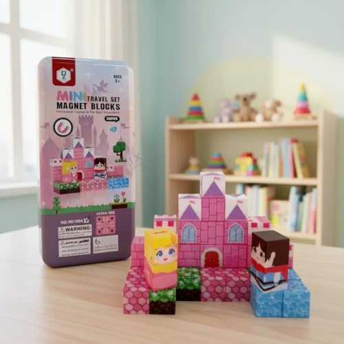 Image of Happy Hues 38Pc Mini Magnetic Blocks - Princess Castle Travel Toy for Kids 3+ | Screen-Free STEM Building Toy, Magnetic Pixel Cubes with Portable Storage Tin for Road Trips & Flights