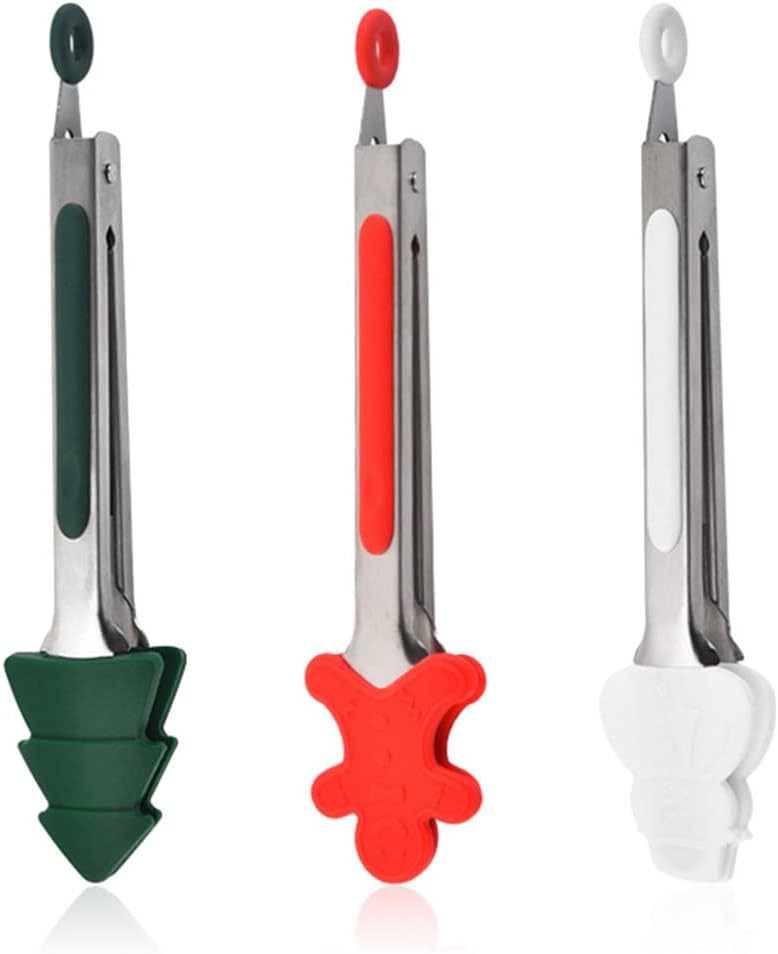 Yardwe 3pcs Christmas Food Tongs Stainless Steel Cooking Tongs with Silicone Xmas Tree Snowman Gingerbread Shape Tips Non Stick BBQ Cooking Tong Cookware for Food Grill Salad Frying