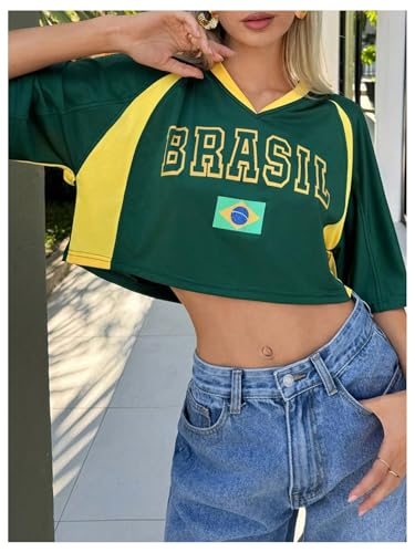 SHENHE Women's Y2k Soccer Jersey Top Brazil Crop Top Short Sleeve Graphic Loose Jersey Shirt4