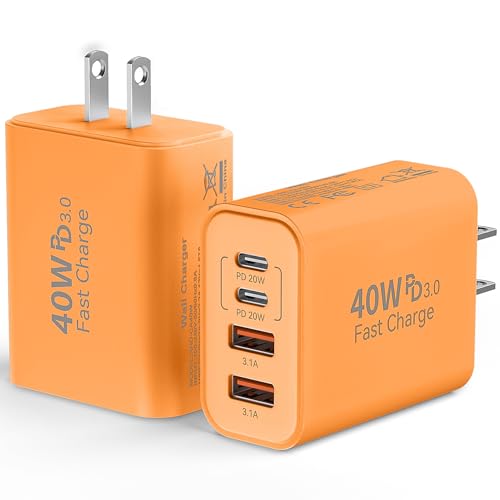 Image of USB C Wall Fast Charger Block, 40W 4-Port Type C Charger Fast Charging Blocks +QC 3.0 USB C Multiport Charger Brick for Phone 17 /16 /15 /14 /13 /12 Pro Max, Pad, Cosmic Orange
