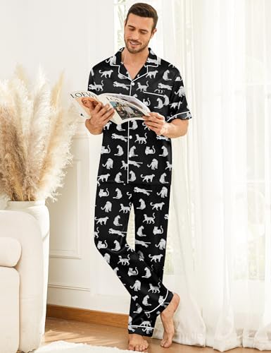 Image of SWOMOG Mens Silk Pajamas Set Satin Pj Set Short Sleeve Sleepwear Button Down Lounge Set with Drawstring & Pockets S-3XL