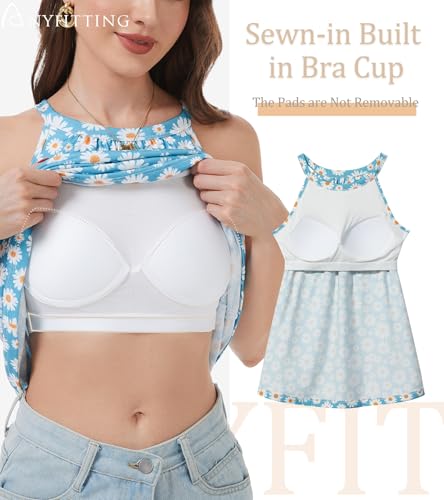 Image of Women Halter Tank Top with Built in Bra Flowy Sleevless Padded Camisole Loose Fit Summer Shirt Top S-3XL