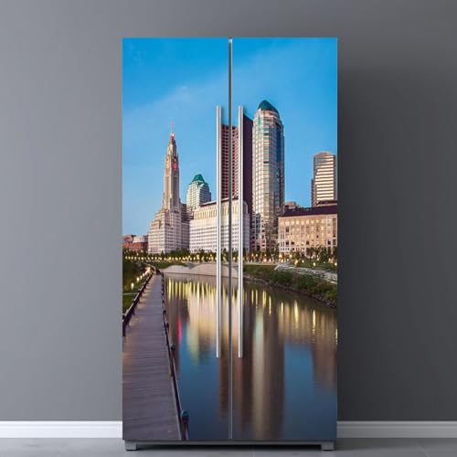 Self Adhesive Vinyl Refrigerator Wrap Set Sunset Columbus Ohio Downtown Pictures Royalty Free Self Stick Door Mural Sticker Removable Refrigerator Wrap Decal Kitchen Bar Decor