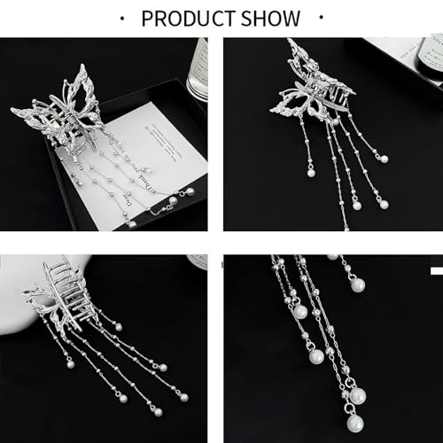 Hollow Butterfly Hair Clips with Tassel, Metal Silver Crystal Pearl Butterfly Hair Barrettes, Sparkling Fluttering Chain Tassel Nonslip Claw Hair Accessories for Women