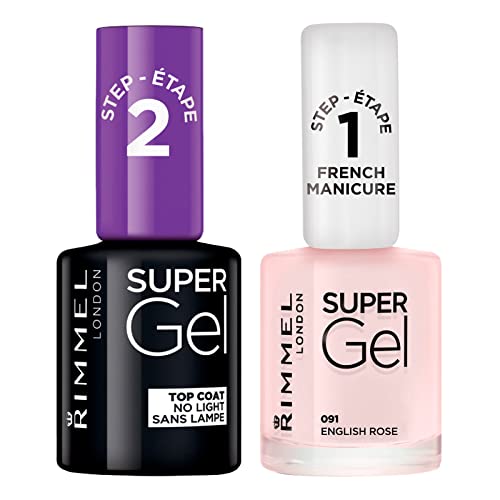 Rimmel London Super Gel Transparent Nail Polish Step 2 Smalto Unghie a Lunga Tenuta 001 Top Coat + Super Gel Nail Polish Step 1 French Manicure Smalto Lunga Tenuta Colore 091 English Rose