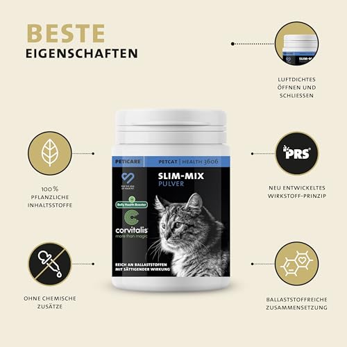 Peticare Diät Schlank Vital Pulver für Katzen | Unterstützt Abnehmen-Prozess und Gewichtskontrolle | Verringert Übergewicht & stärkt Sättigung | natürliches Ergänzungsfutter | petCat Health 3606
