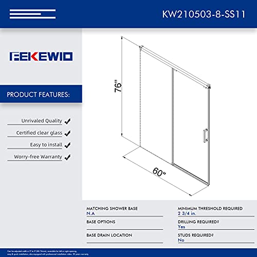Fekewio Soft Close Single Sliding Shower Door, 56-60" X 76" Inch Frameless Walk-In Bathroom Shower Doors, Clear Tempered Glass 5/16" Shower Enclosure Ss11 (Brushed Nickel) #TOP2