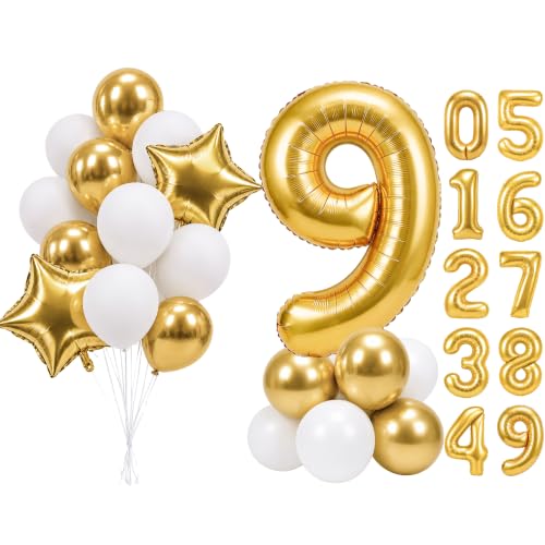 Image of PartyWoo Metallic Gold Number 9 Balloon 40 Inch 25pcs Gold Foil Star White