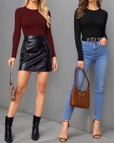 Image of Mangopop Women' Long Sleeve Ribbed Bodysuit Jumpsuits