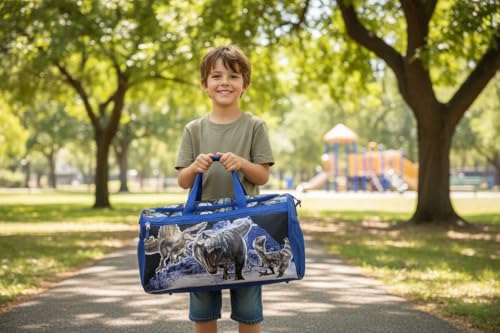 Image of Jurassic World Kids Duffle Bag 16.5 inch - Dinosaur Travel & Sports Bag with Zipper Pocket, Mesh Side Pockets & Strap