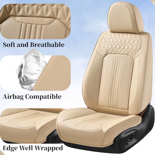 Image of Coverado Seat Covers Full Set, Leather Car Seat Cover, Waterproof Car Seat Protector, Automotive Seat Covers Car Seat Cushion Universal Fit for Most Cars, Beige