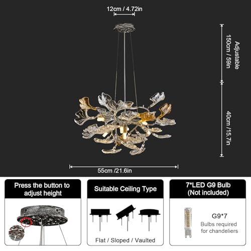 Image of AioTio Black Modern Chandeliers for Dining Room, D21.6'' Round Tree Branch Glass Ginkgo Leaf Farmhouse Chandelier,Silver Art Deco Ceiling Hanging Chandelier for Living Room,Entryway,Foyer,Kitchen