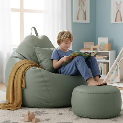 Image of KAM'S LIEU 6XL Luxury Faux Leather Bean Bag with Footrest & Cushion | Pre-Filled High-Density Polystyrene Beans | Premium Leatherette |Teardrop Handle Design | 6 Months Warranty Color- SAGE Green