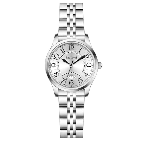Szaikyri Montre Classique pour Femmes avec Temps Facile à Lire Chiffres Arabes Montres Dames avec Calendrier Résistant à l'eau (Silver Black)