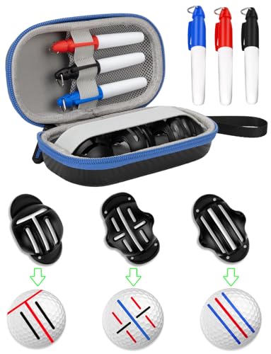Bjabtan Golf Ball Line Marker Tool - Perfect Golf Ball Marking Tool Golf with Case - 3 Golf Ball Marker Stencil and 3 Color Golf Ball Line Marker - Golf Ball Alignment Marking Tool