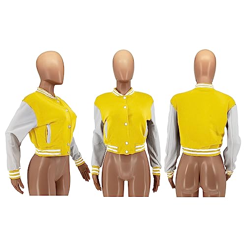 Image of Women Cropped Bomber Jacket Varsity Button Down Baseball Coat Streetwear | Long Sleeve Lightweight Casual Cropped Jacket With Pockets, Spring Autumn Outwear Y2K School Bomber Jackets for Women