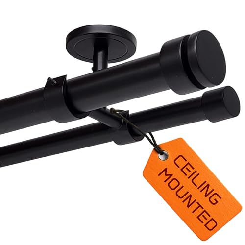 Ceiling Mounted Double Curtain Rods for Windows Heavy Duty Black Double Curtain Rod Adjustable Drapery Holder with Three Ceiling Mount Brackets and Installation Hardware (Matte Black 48-84)