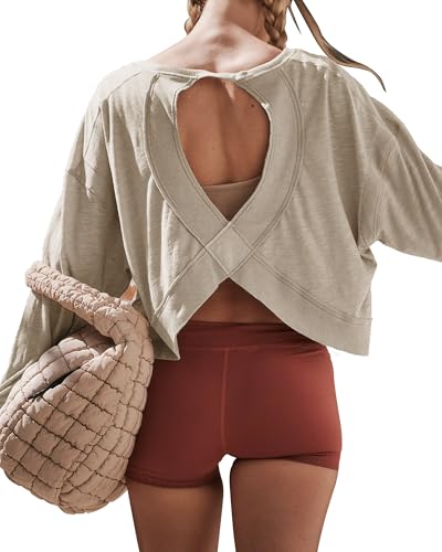 Gacaky Womens Open Back Loose Workout Tops Backless Long Sleeve Athletic Shirt Running Crop Top Gym Dance Tee4