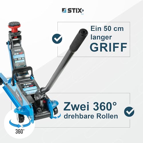 STIX Wagenheber Hydraulisch - Rangierwagenheber 2,5 T - Wagenheber Flach - Hubhöhe 85-365mm, 360°...